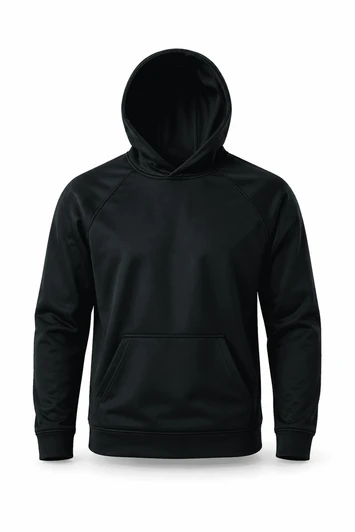 A black hooded jumper featuring a front pocket and a smooth finish. It has a logo on the design.