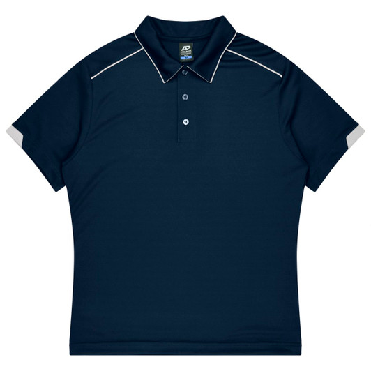 A navy sports polo featuring a collar, buttons, and grey accents on the sleeves. It has a logo on the chest.