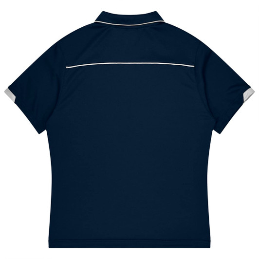 A navy blue polo shirt with short sleeves and a white trim. It features a logo on the back.