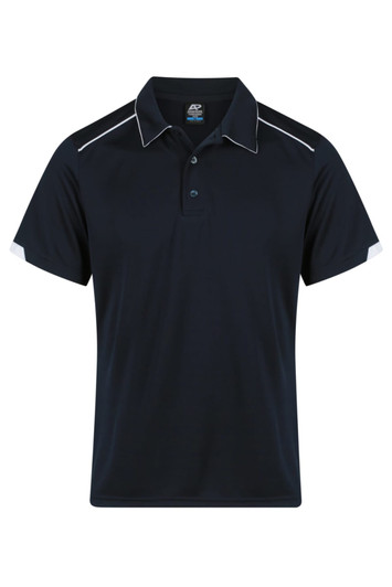 A navy polo shirt with white detailing and a logo, featuring a classic collar and short sleeves.