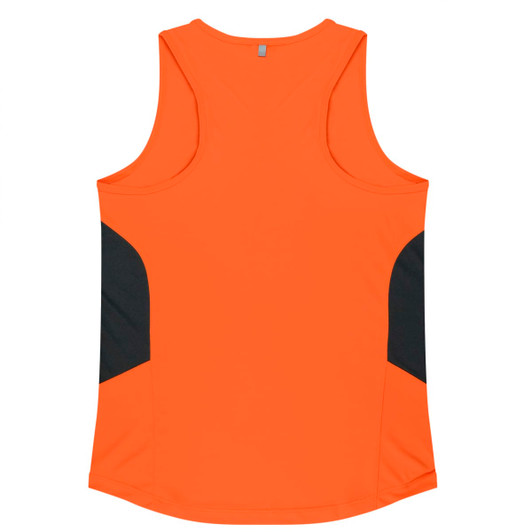 An orange singlet with black panels on the sides, featuring a logo on the back.