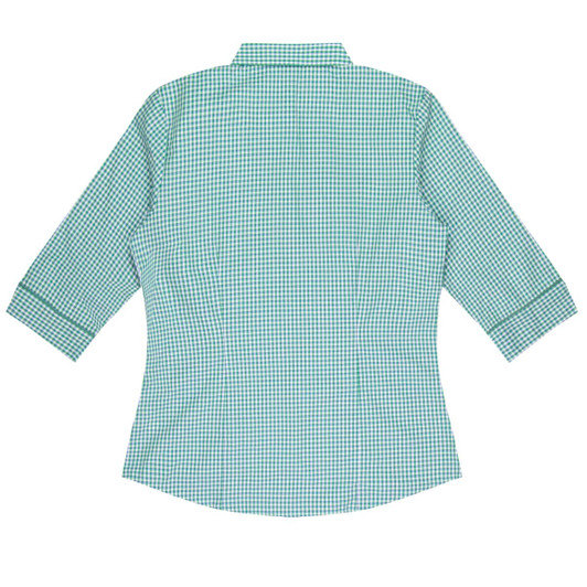 A green and white checked button-up shirt with 3/4 sleeves and a collar. Features a logo on the fabric.