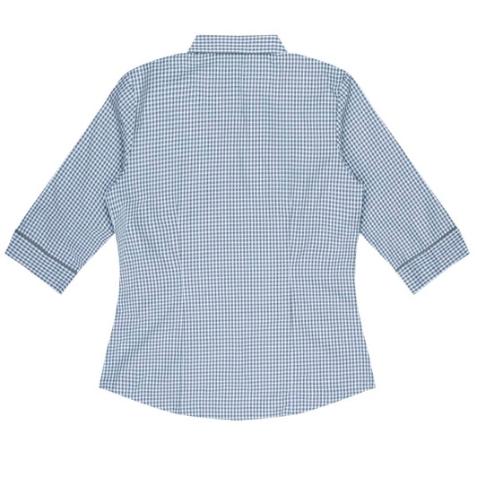 A blue and white checkered button-up shirt with 3/4 sleeves and a back view, featuring a collar and a logo.