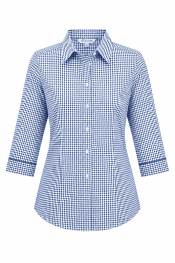 A blue and white checked button-up shirt with 3/4 sleeves and a collar, featuring branding.