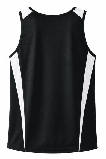 A black singlet featuring white side panels and a small logo. Suitable for men's casual wear or sports activities.