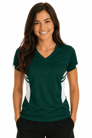A green and white women's t-shirt with a v-neck and stylish side panel design, featuring a logo.