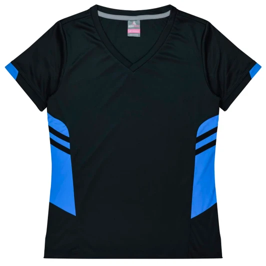 A black women's t-shirt with blue accents and a V-neck design, featuring brand logos.