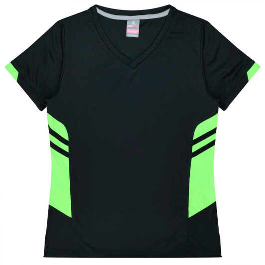 A black T-shirt with bright green accents and stripes, featuring a V-neck design and a logo.