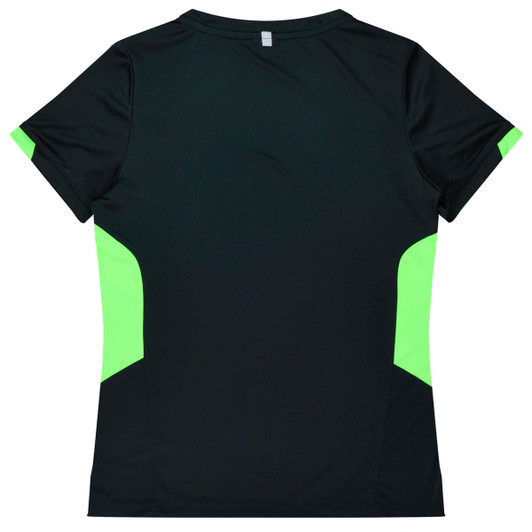 A black t-shirt with green accents on the sides, featuring a logo. Designed for women's style and comfort.