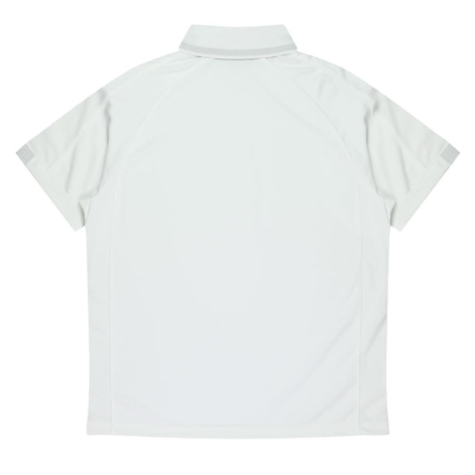 A light grey polo shirt with short sleeves and a collar, featuring a logo on the side.