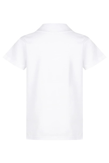 A white polo shirt for kids with short sleeves and a collar, featuring a logo on the back.
