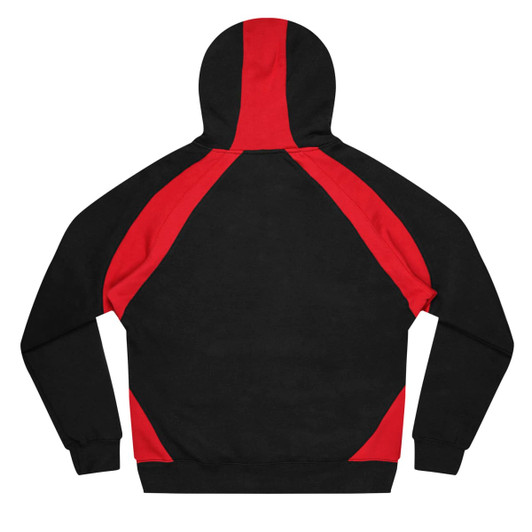 A black hoodie with red accents on the shoulders and back, featuring a hood and long sleeves.
