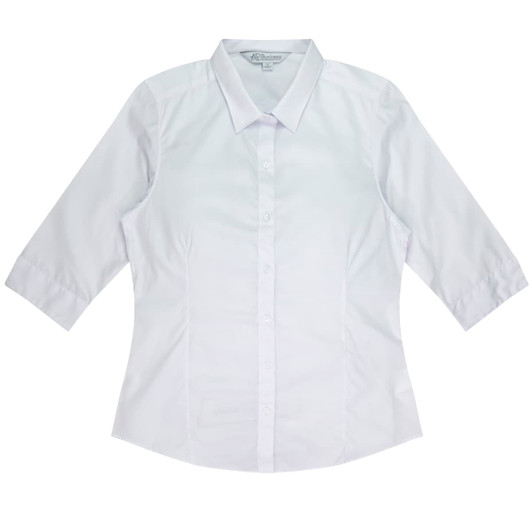 A white 3/4 sleeve button-up shirt with a classic collar and a logo on the label.