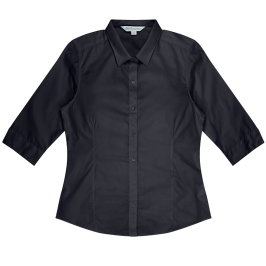 A black button-up shirt with 3/4 sleeves featuring a collar and a logo.