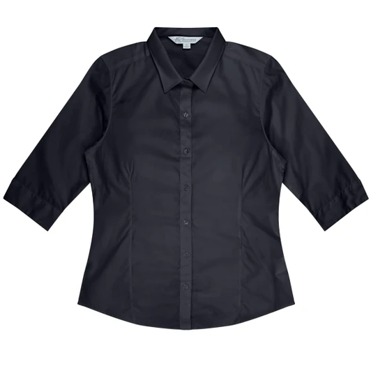 A black button-up shirt with 3/4 sleeves featuring a collar and a logo.