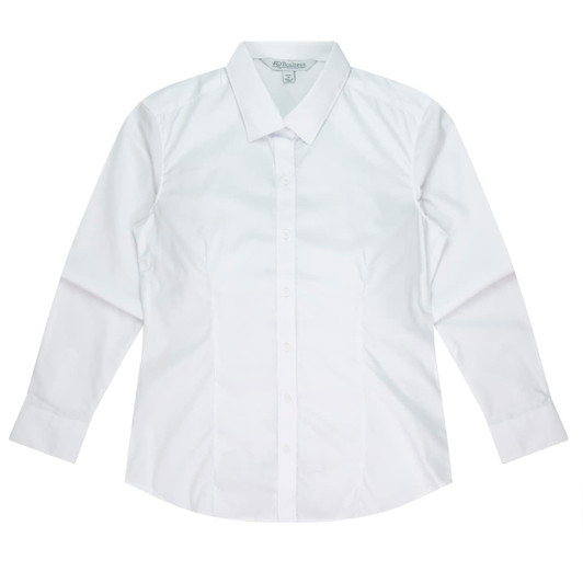 A long sleeve button-up shirt in white, featuring a collar and a branded logo.