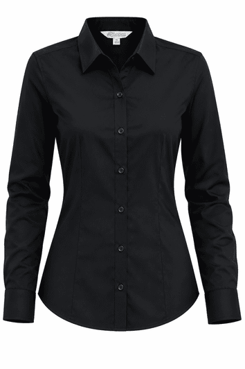 A long sleeve black button-up shirt with a fitted design and a collar. Features a logo on the brand label.