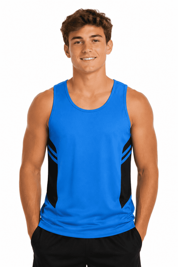 A blue and black men’s singlet with a logo, featuring a sleeveless design and a relaxed fit.