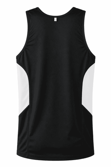 A black singlet with white side panels, featuring a logo on the back. Ideal for casual or athletic wear.
