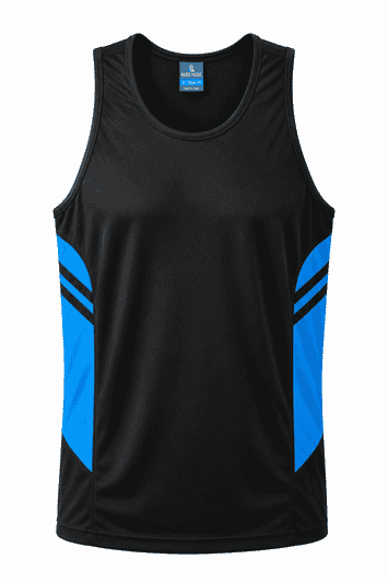 A black singlet with blue side panels and stripes, featuring a logo on the upper section.
