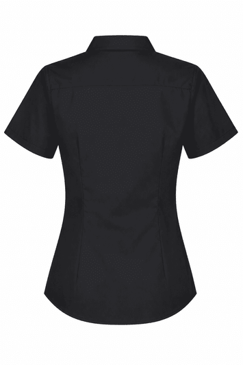 A short-sleeved black button-up shirt with a fitted design and back details. Features a logo.