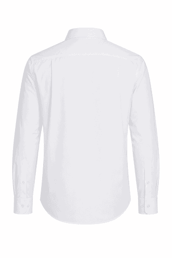 A long sleeve white button-up shirt with a collar and a back view. It features a logo on the fabric.