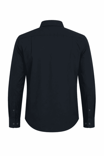 A long-sleeve button-up shirt in black, featuring a classic collar and a logo on the back.