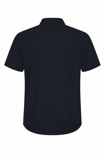 A short-sleeve men's button-up shirt in black with a plain back design and a collar.