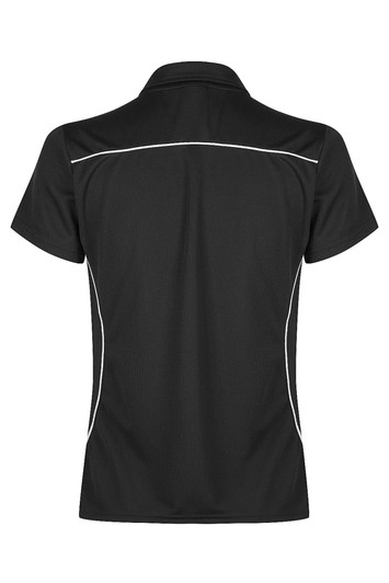 A black polo shirt featuring white accent piping and a collar. It has a logo on the garment.