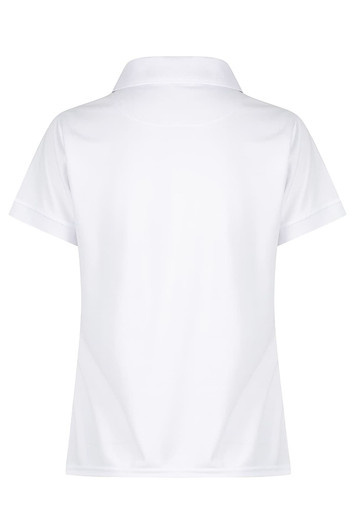 A white polo shirt with a classic collar and short sleeves, featuring a logo on the back.