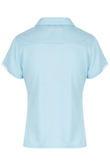 Light blue polo shirt with short sleeves and a collar, featuring a logo on the back.