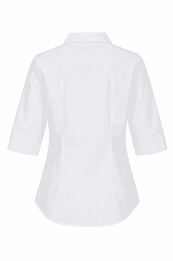 A white button-up shirt with 3/4 sleeves and a collar, featuring a subtle back design and a logo.