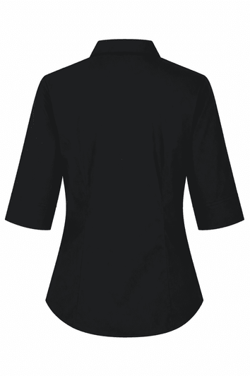 A black button-up shirt with 3/4 sleeves, featuring a classic collar and fitted design. Includes a logo.
