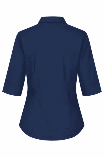 A navy blue button-up shirt with 3/4 sleeves and a fitted silhouette, featuring a collar and a logo.