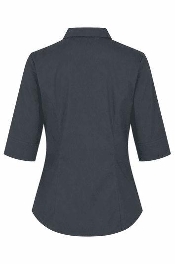 A dark blue button-up shirt with 3/4 sleeves and a fitted design at the back. It has a collar and brand logo.