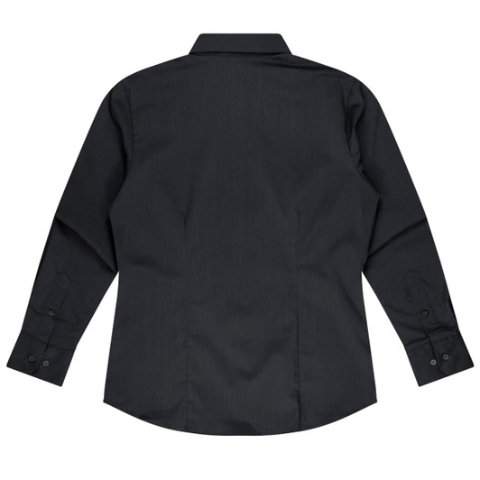 A black long sleeve button-up shirt with a fitted back and cuffed sleeves, featuring a logo.