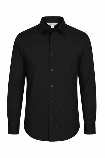 A long sleeve button-up shirt in black featuring a subtle logo.