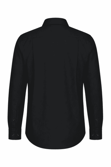 A black long sleeve button-up shirt with a standard collar and buttoned cuffs. It features a brand logo.