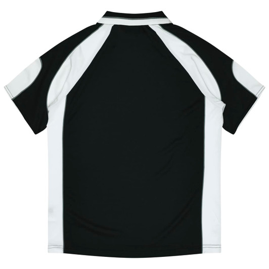 A black and white kids' polo shirt featuring a sporty design and a logo on the front.