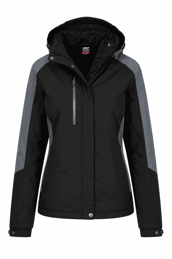 A black and grey jacket with a hood, featuring zip pockets and a logo. Suitable for various weather conditions.