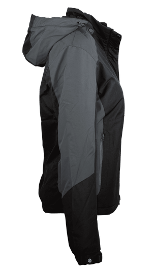 A black and grey jacket with a hood and zippered pockets, featuring a logo.