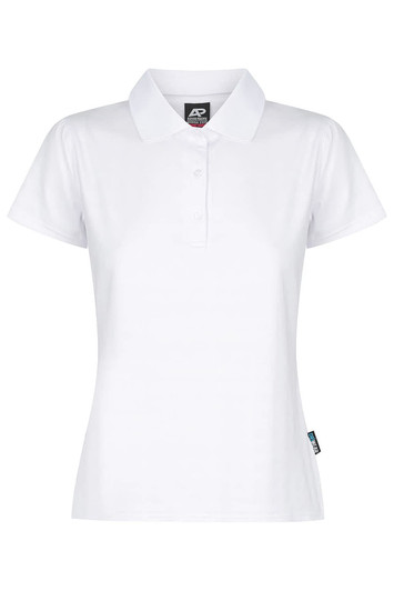 A white polo shirt with a collar, featuring a small logo on the side.
