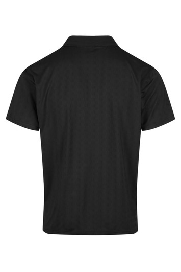 A black polo shirt featuring a collar and short sleeves, with a logo on the chest area.