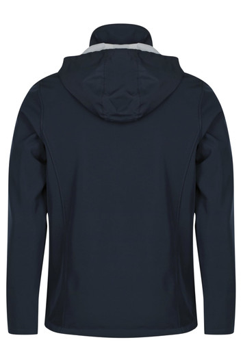 A navy jacket with a hood, featuring a simple design and a logo on the back.