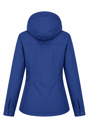 A blue women's jacket with a hood, featuring a fitted design and side openings, includes a logo on the back.