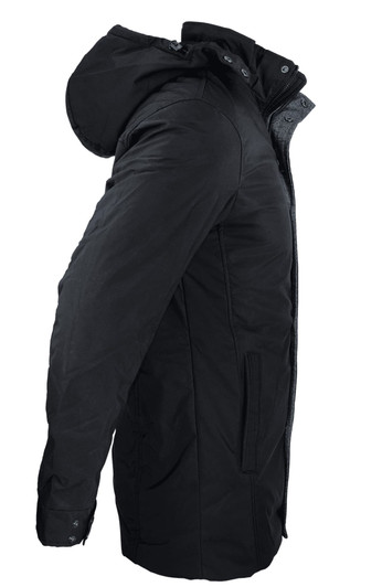 A black jacket with a hood, featuring a side view and detailing on the sleeves. It has a logo.