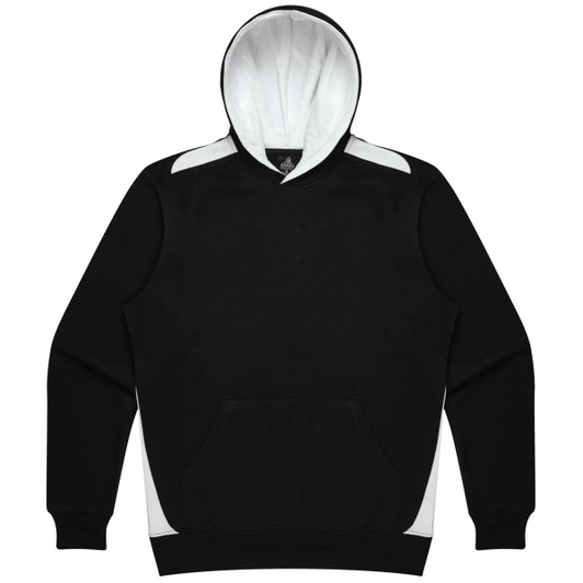 A black hoodie with a white interior and white accents on the sides. It features a front pocket and a logo.