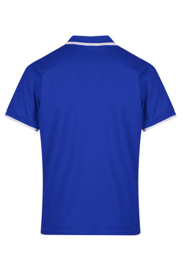 A blue polo shirt with a collar and contrasting white trim on the sleeves. It features a brand logo.