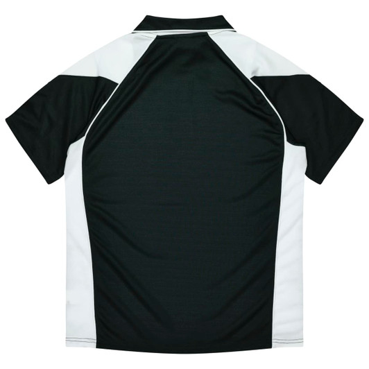 A black and white polo shirt featuring short sleeves and a contrasting design with a logo.