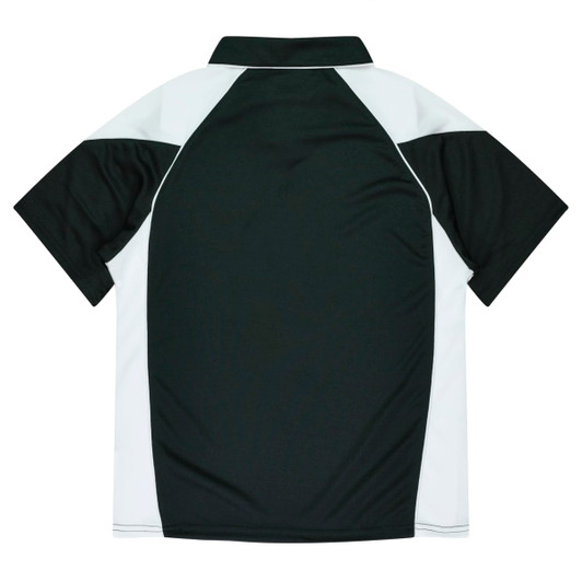 A polo shirt featuring a black body with white accents, including a classic collar and short sleeves.